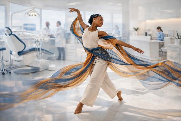 A graceful dancer twirls with flowing fabric in a bright dental clinic.
