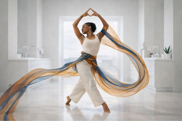 Graceful dancer twirls with flowing scarf in bright, elegant space.