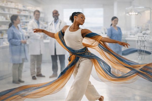 A graceful dancer performs in front of medical professionals in a bright clinic.