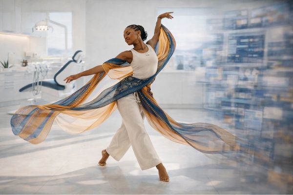 A graceful dancer twirls with flowing fabric in a bright, modern room.