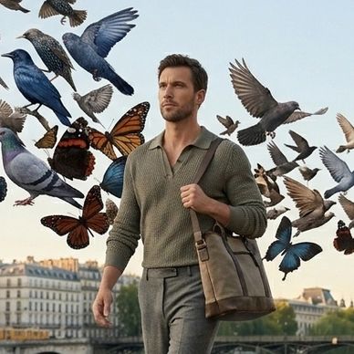 Man walking confidently with birds and butterflies flying around him.