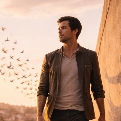 Man in casual jacket stands near wall at sunset with birds flying.