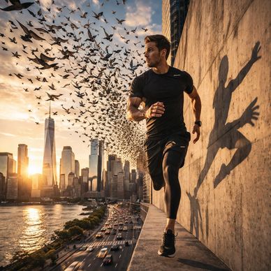 Man running on a ledge with birds flying and city skyline at sunset.