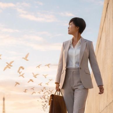 Confident businesswoman walking with briefcase at sunset with birds flying.