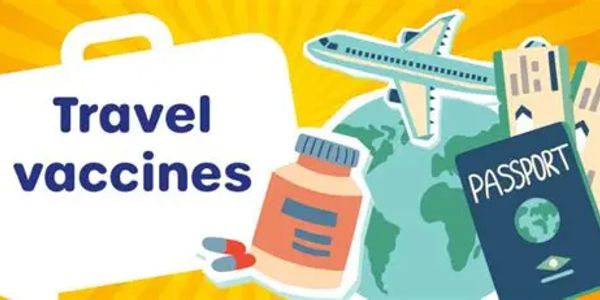 Travel vaccines concept with globe, airplane, and passport.