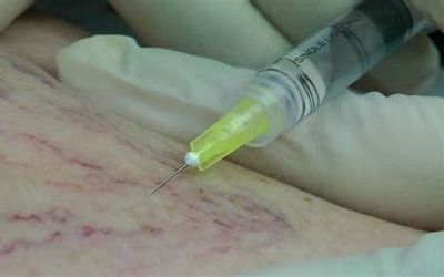Spider and thread veins on the leg being removed by sclerotherapy injections