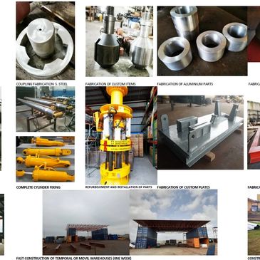 Various stages of industrial fabrication and construction processes shown in multiple images.