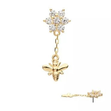 14Kt Yellow Gold Threadless Prong Set Round CZ Flower Top with Dangle Bee