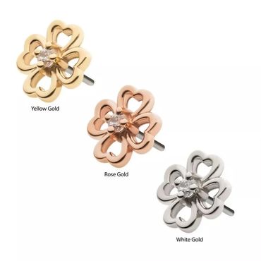 14Kt Gold Threadless with Prong Set Clear CZ 4-Leaf Clover Top