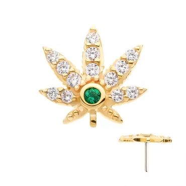 14Kt Yellow Gold Threadless with Clear & Emerald CZ Pot Leaf Top