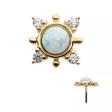 14Kt Yellow Gold Threadless Prong Set Round White Opal and Clear Gem 4-Point Top