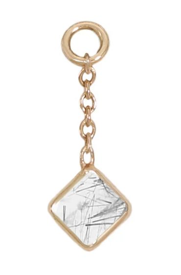 12mm Solid Gold Square Tourmalated Quartz Charm