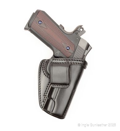 Compact handgun in a black leather holster.