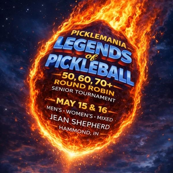 Flaming pickleball with event details for Picklemania Legends of Pickleball tournament.