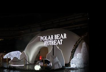 Illuminated Polar Bear Retreat with decorative lights and festive holiday displays at night.