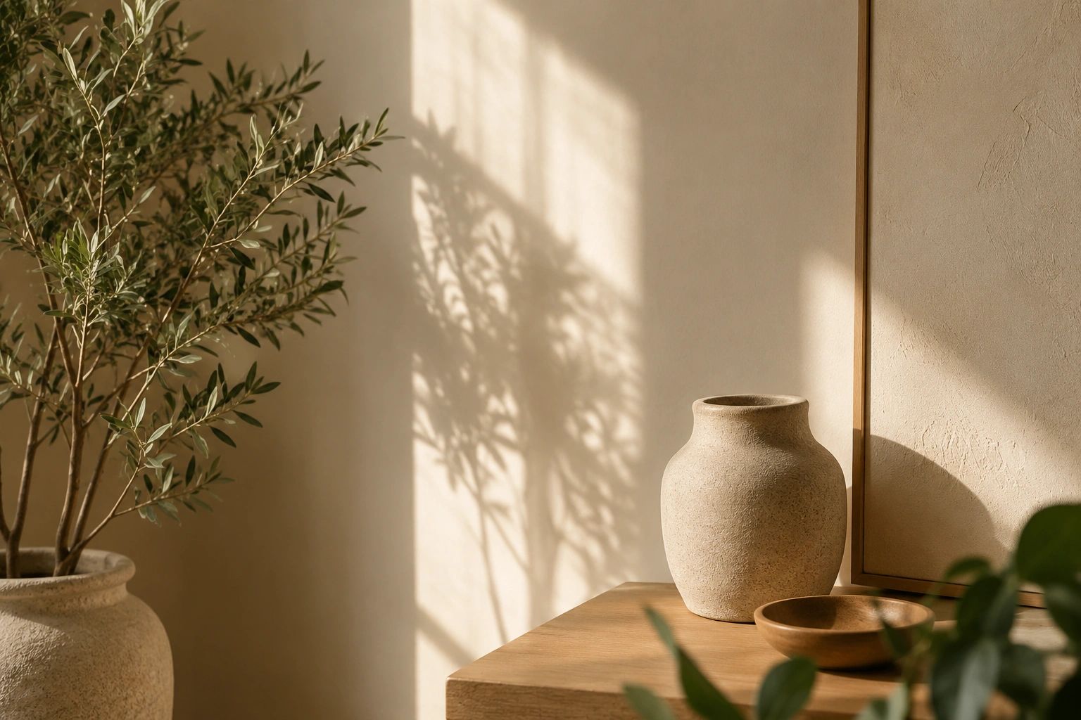 Sunlit rustic vase and plant casting shadows in a minimalist room.