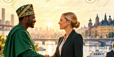 Business handshake between Nigerian and Swedish delegates symbolizing partnership.
