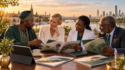 Diverse business meeting outdoors overlooking a cityscape at sunset.