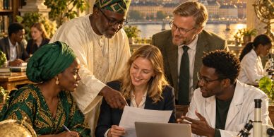 Golden Hour Global Research Collaboration. Nigerian and Nordic professionals reviewing documents tog