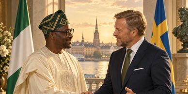 Diplomatic handshake between Nigerian and Nordic representatives, symbolizing institutional partners