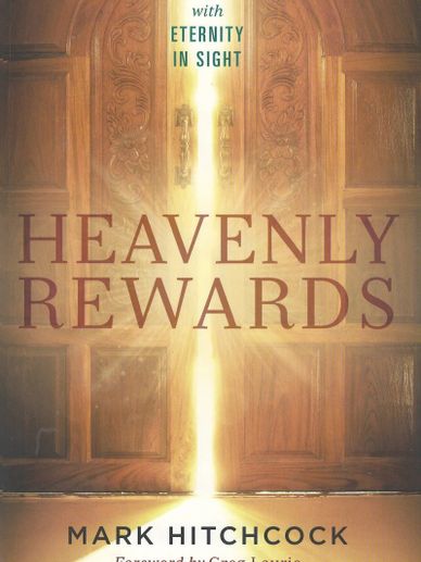 Book cover with glowing doors titled 'Heavenly Rewards' by Mark Hitchcock.