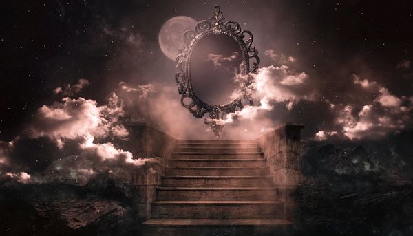 A mystical staircase leads to a floating ornate mirror under a moonlit sky.