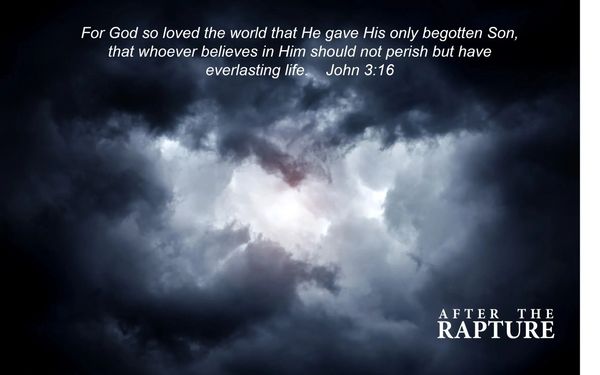 Dark clouds part to reveal light with a biblical quote about everlasting life from John 3:16.