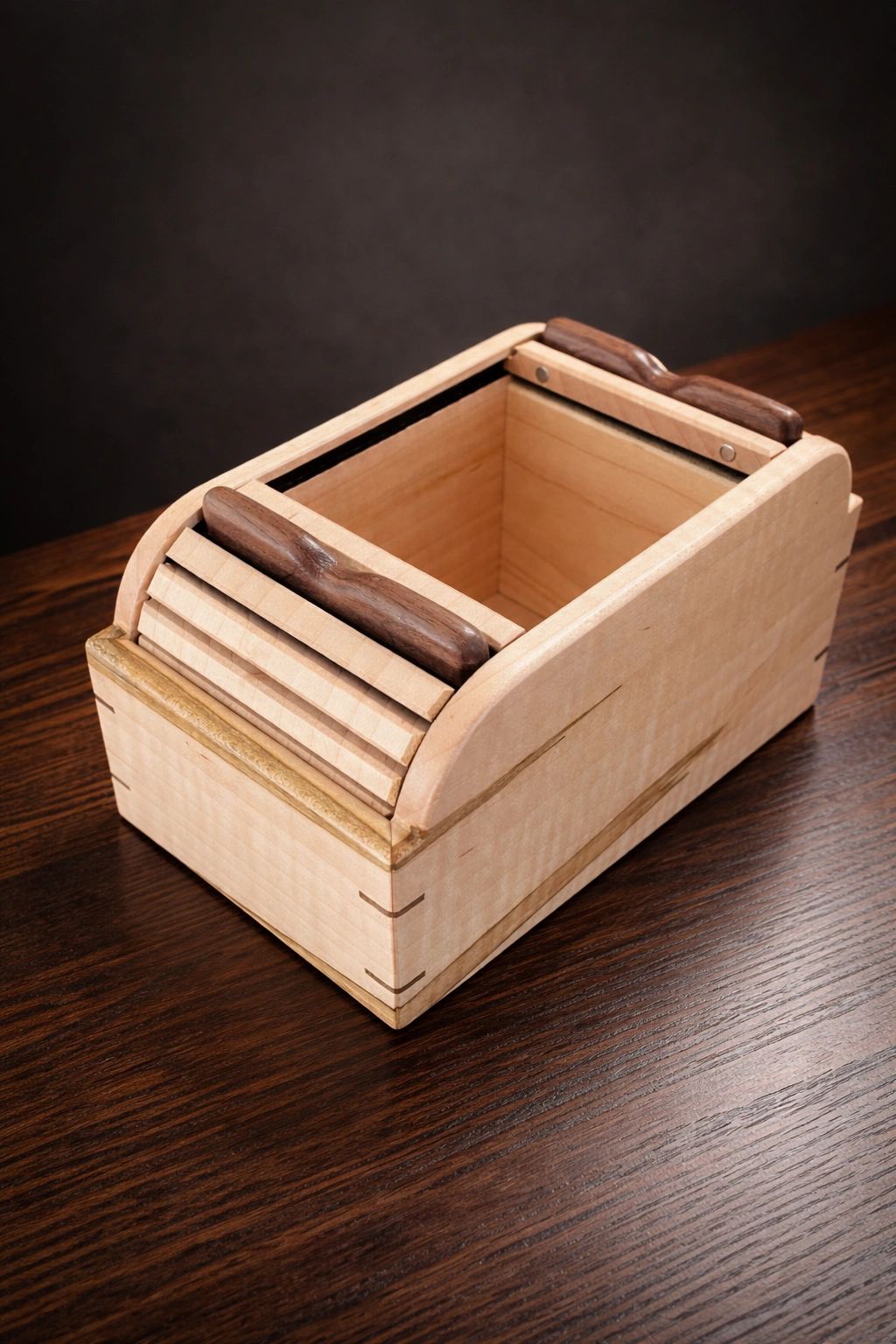 Wooden box with sliding lid and dark wooden handles.