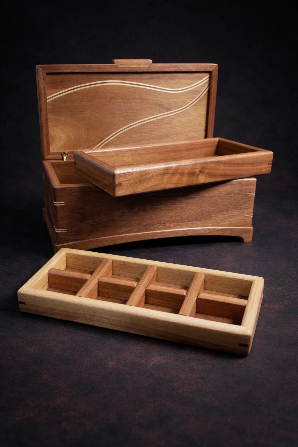 Elegant wooden jewelry box with compartments.