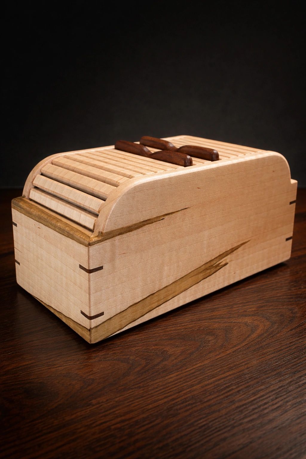 Wooden box shaped like a toaster with a slatted lid.