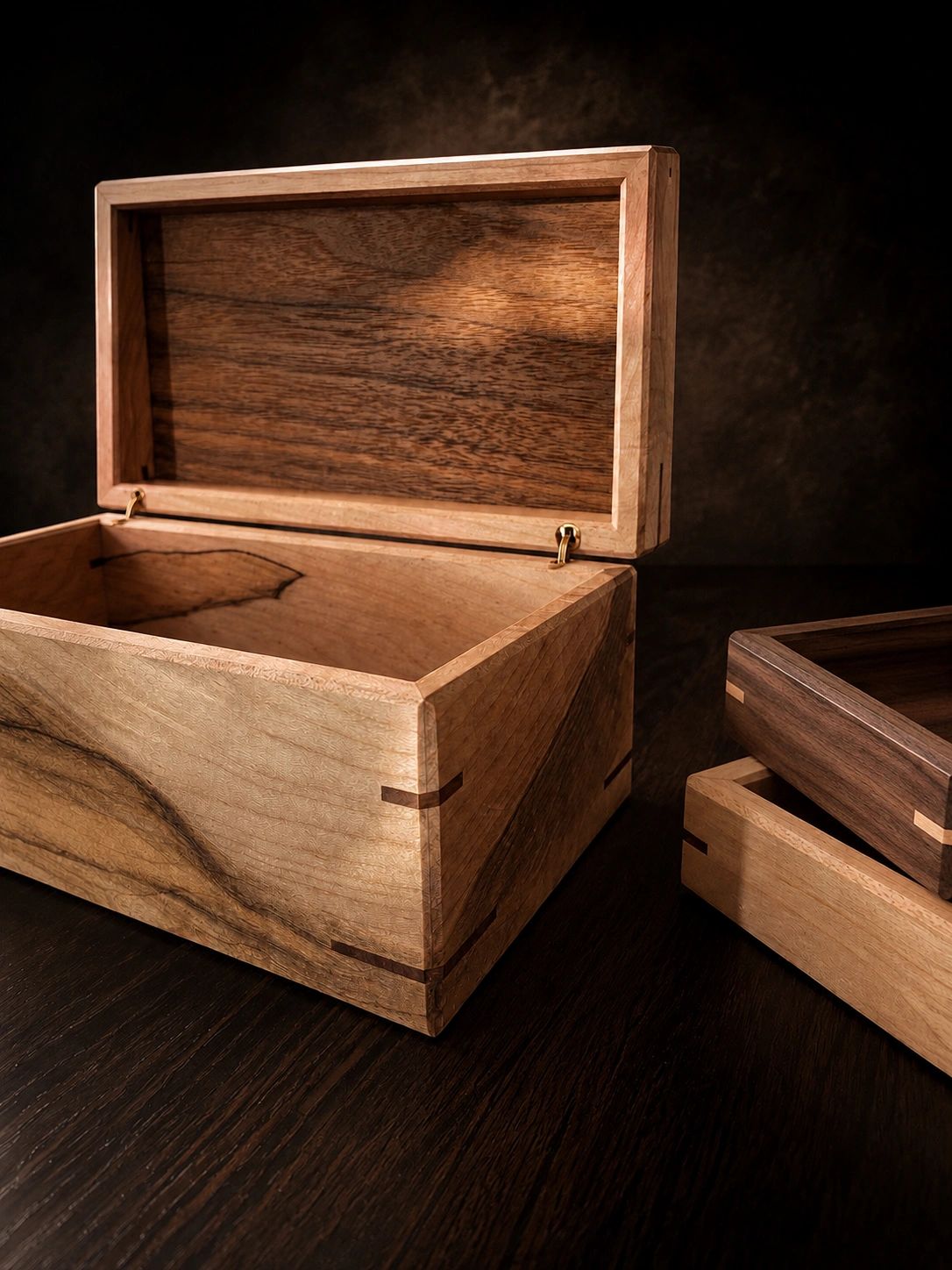 Handcrafted wooden boxes with intricate joinery.