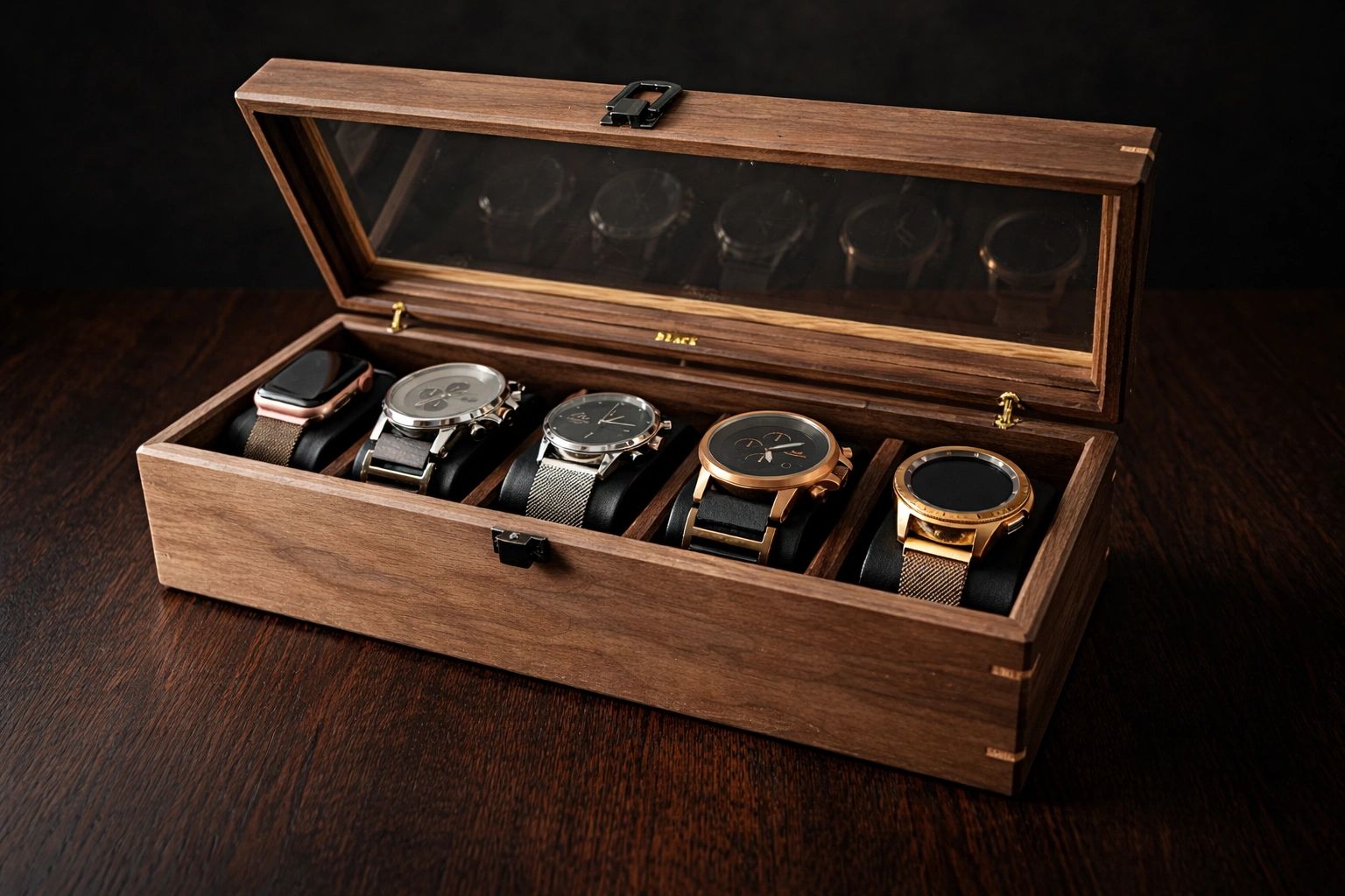 Wooden watch box holding five stylish wristwatches.