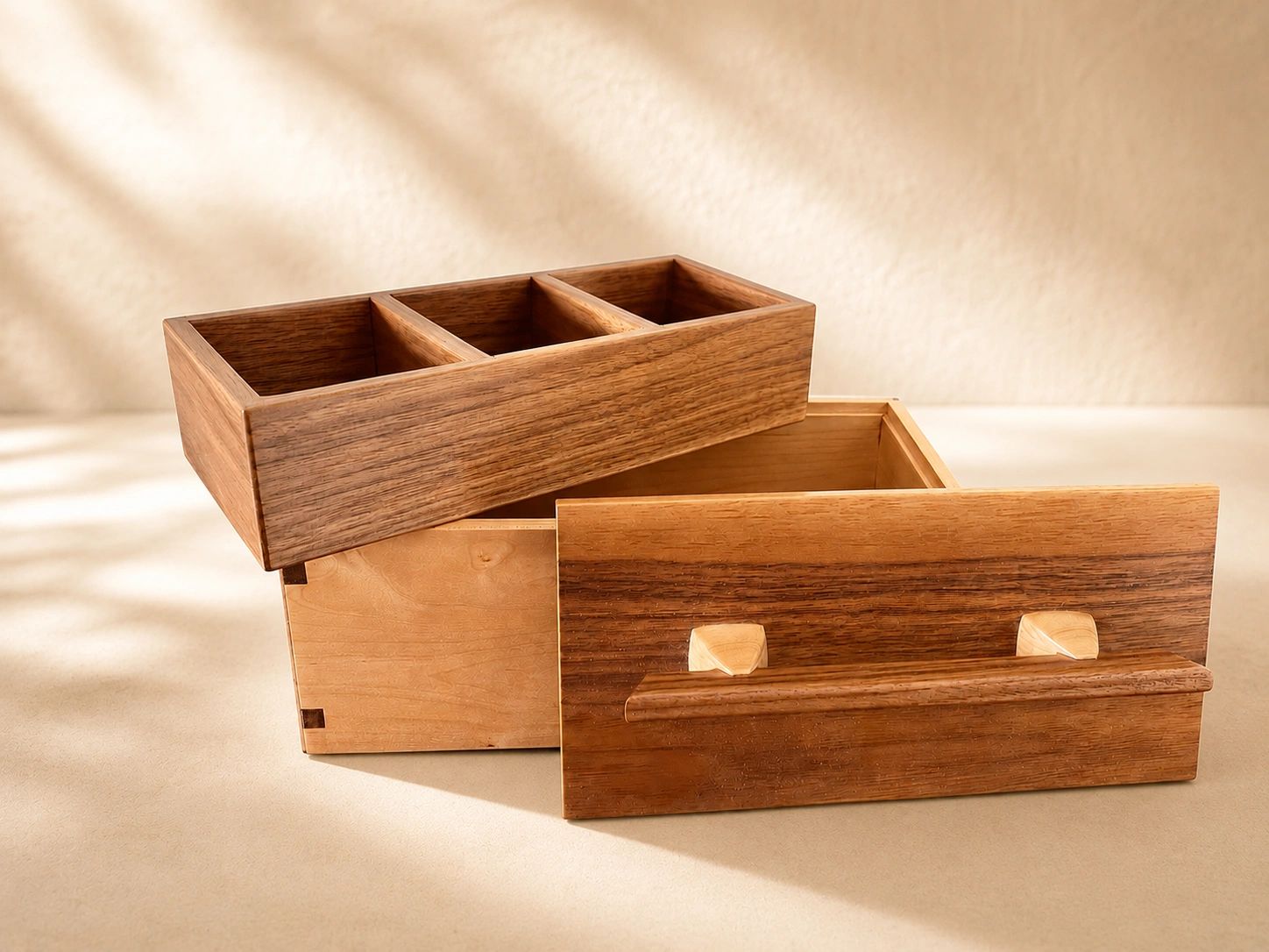 Wooden drawer organizer with three compartments and detached drawer.
