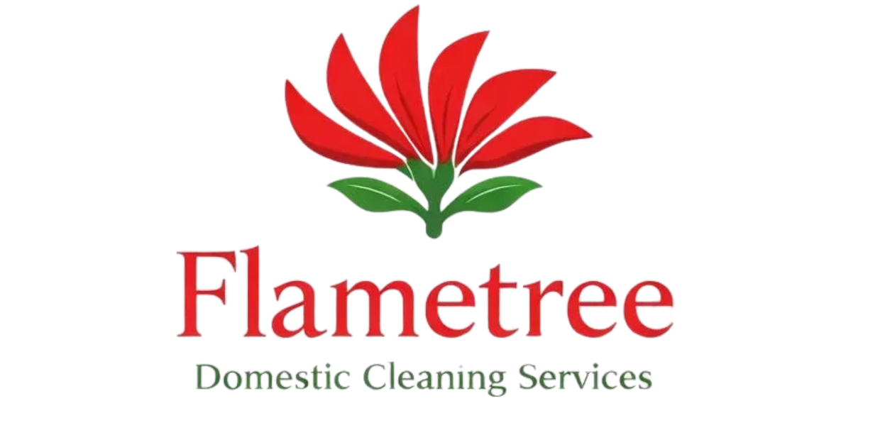 Logo with a red flower and text 'Flametree Domestic Cleaning Services'.