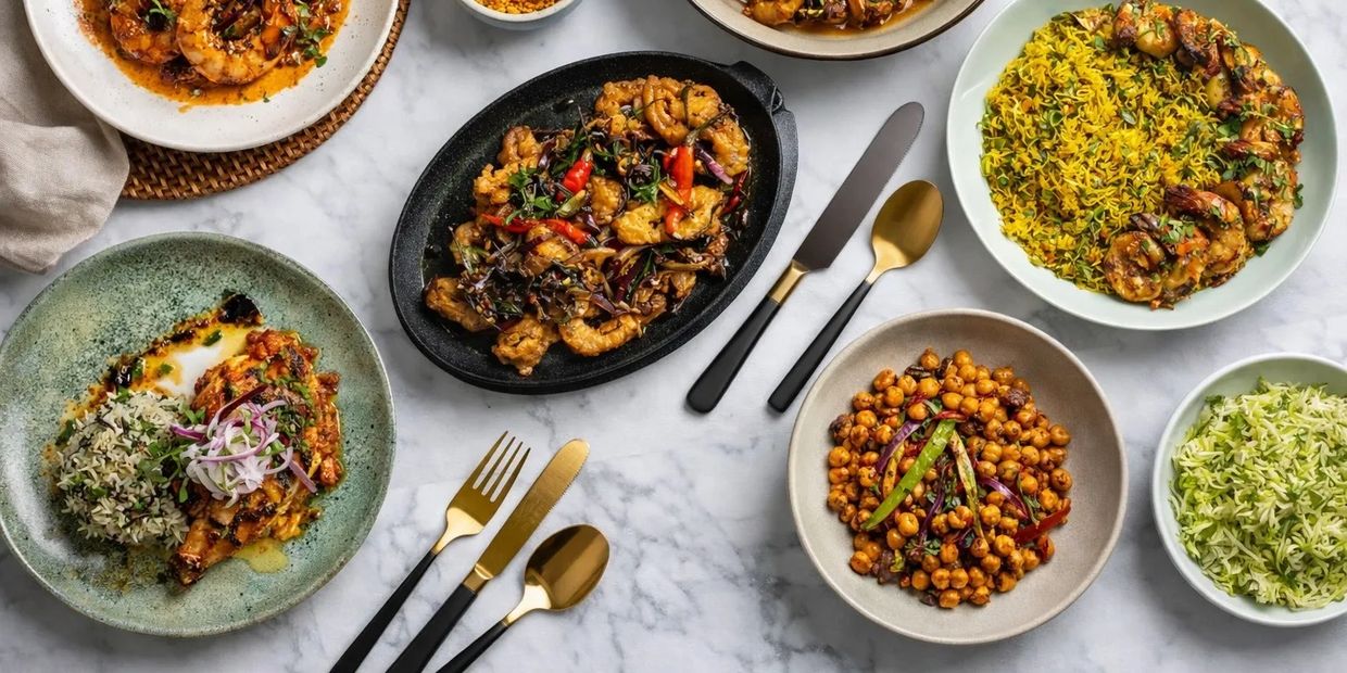 A vibrant spread of diverse dishes including shrimp, rice, and chickpeas on a marble table.