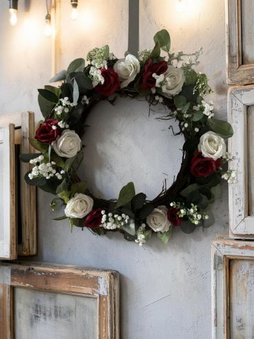 Elegant floral wreath with red and white roses hanging on a rustic wall.