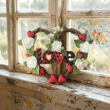 Heart-shaped wreath decorated with white flowers and red hearts, spelling 'LOVE'.