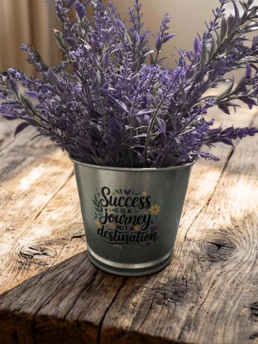 Purple flowers in a metal pot with an inspiring quote on a wooden table.