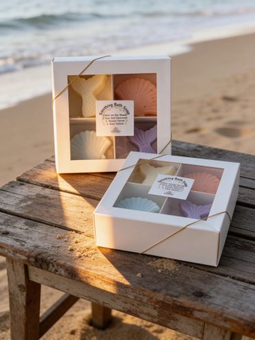 Boxes of seashell and mermaid tail shaped soaps on a beachside wooden table.