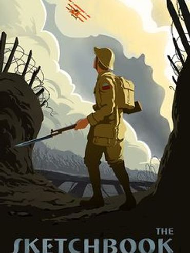 A soldier in a trench watches a biplane fly overhead during wartime.