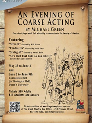 Poster for 'An Evening of Coarse Acting' featuring four short plays at Queen's University.