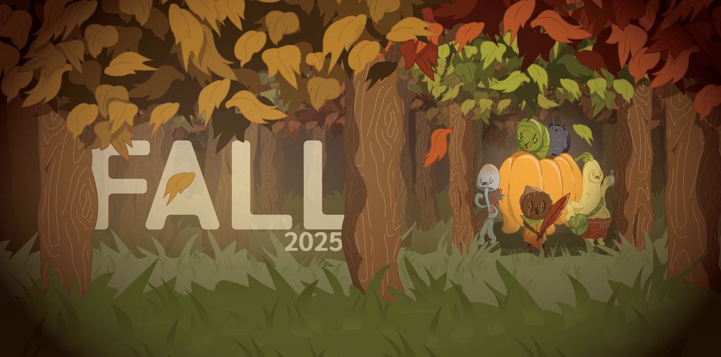 Animated forest scene with characters and "FALL 2025" text.