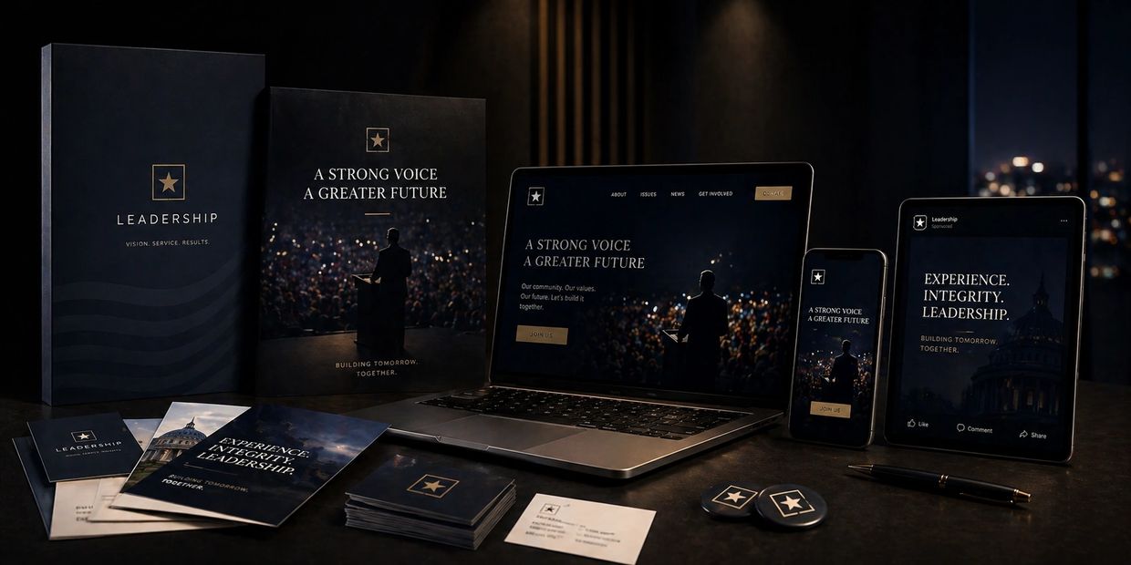 Leadership branding displayed on various marketing materials and digital devices.