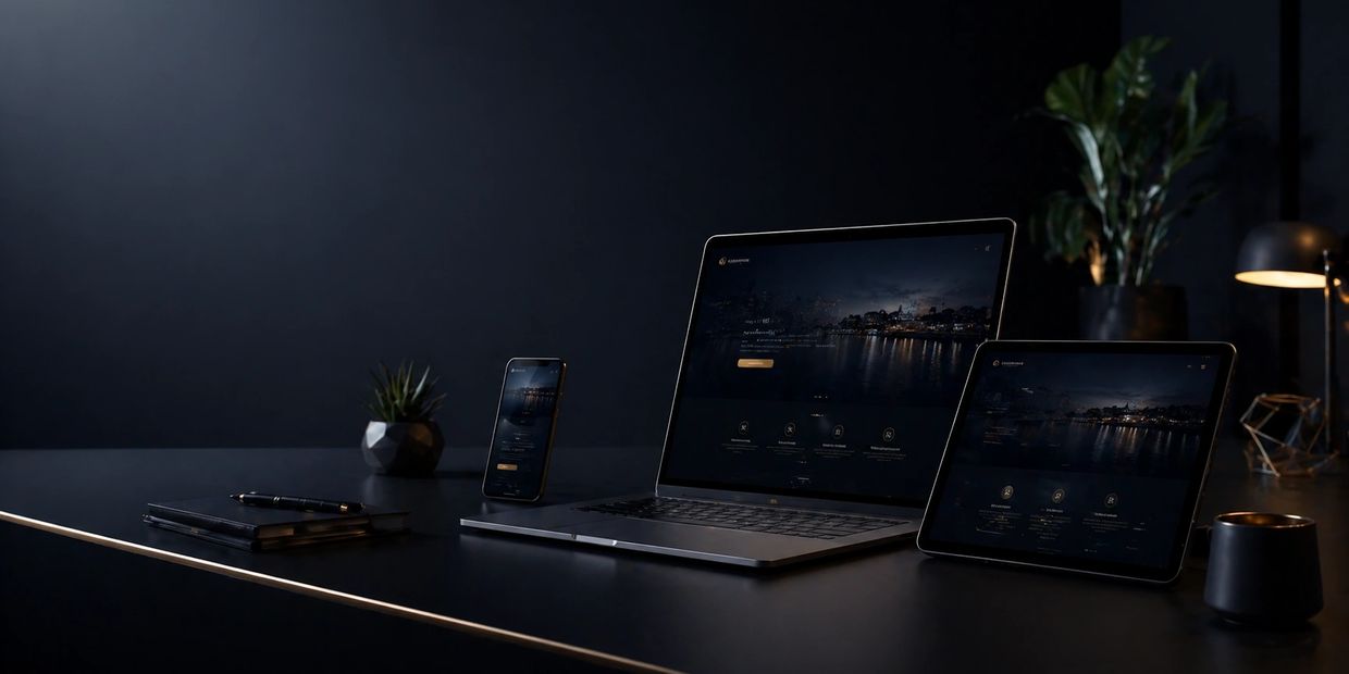 A sleek workspace with laptop, tablet, and phone displaying a dark-themed website.