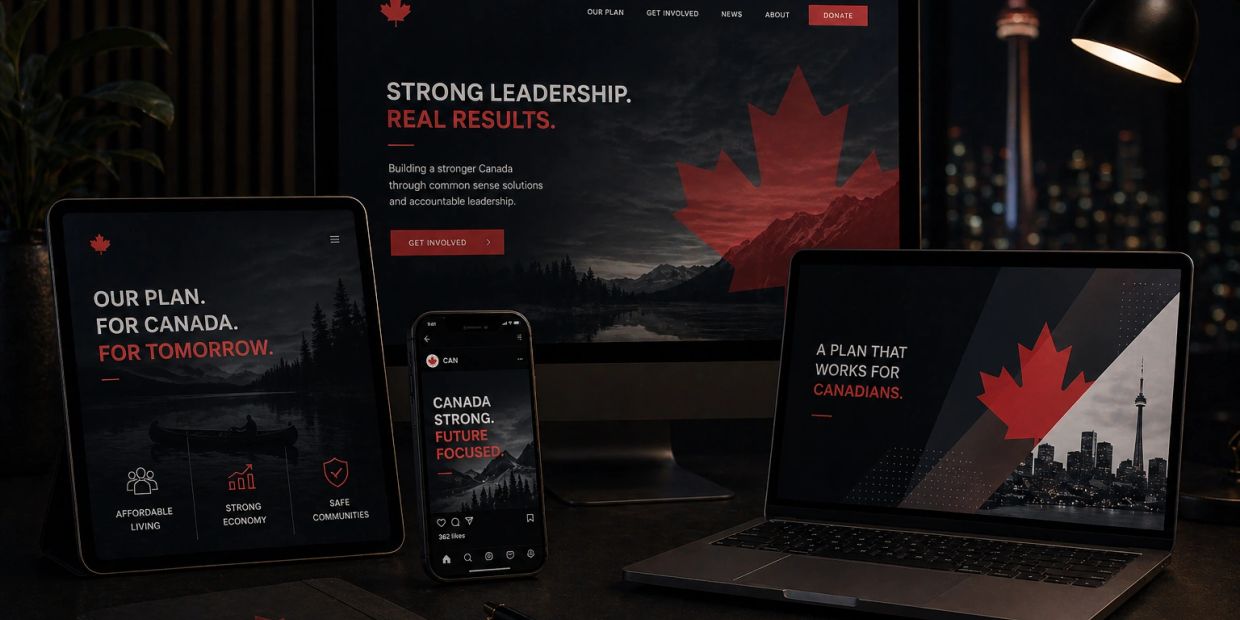 Digital devices displaying a Canadian political campaign with bold red and black themes.
