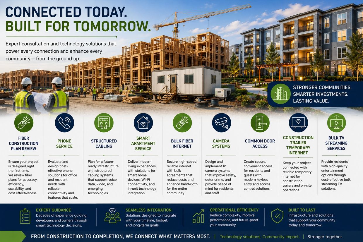 Construction and technology services powering modern communities and smart living.