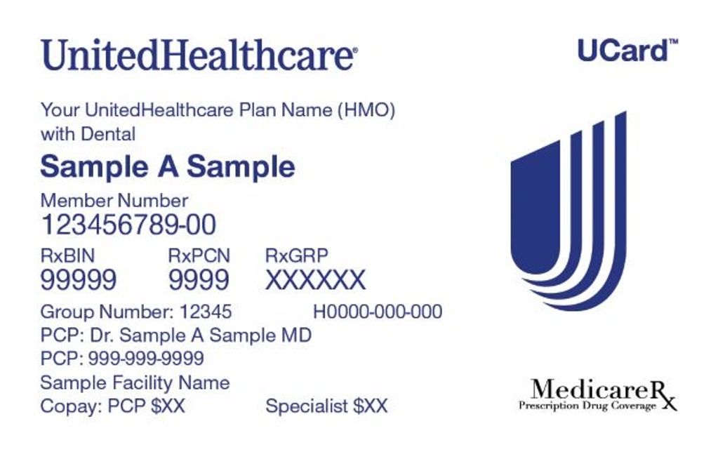 Sample UnitedHealthcare insurance card with member and prescription details.