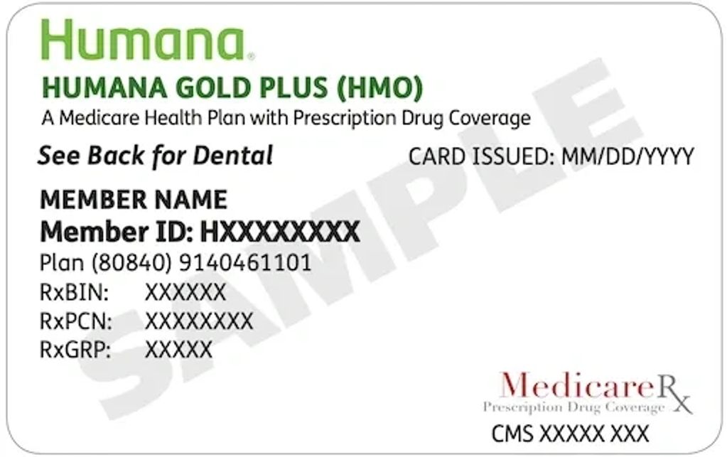 Sample Humana Gold Plus (HMO) Medicare health plan card with prescription drug coverage.