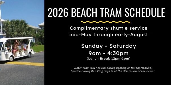 2026 beach tram schedule with free shuttle service from mid-May to early August, daily 9am-4:30pm.