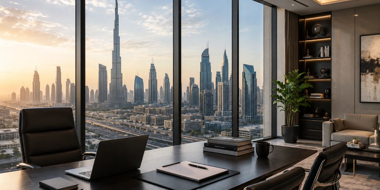 Modern office with city skyline view at sunset.